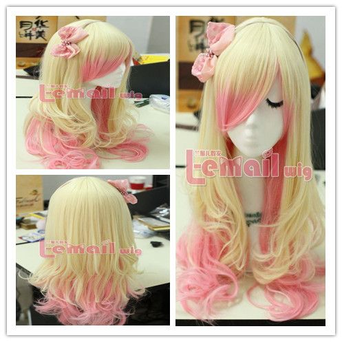 Peruca Loira com Mechas Rosa Ondulada 63 CM Lolita PCV35