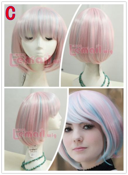 Peruca Rosa Claro com Mechas Azuis Curta Chanel Lisa PCV111