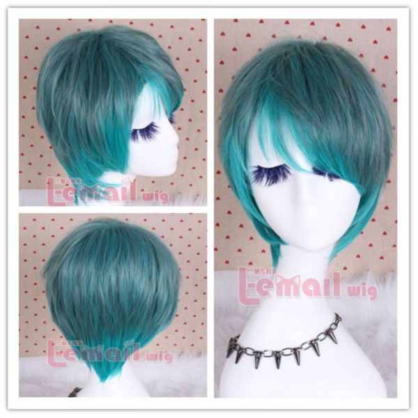 Peruca Verde Escuro com Mechas Turquesa 30cm PVE87